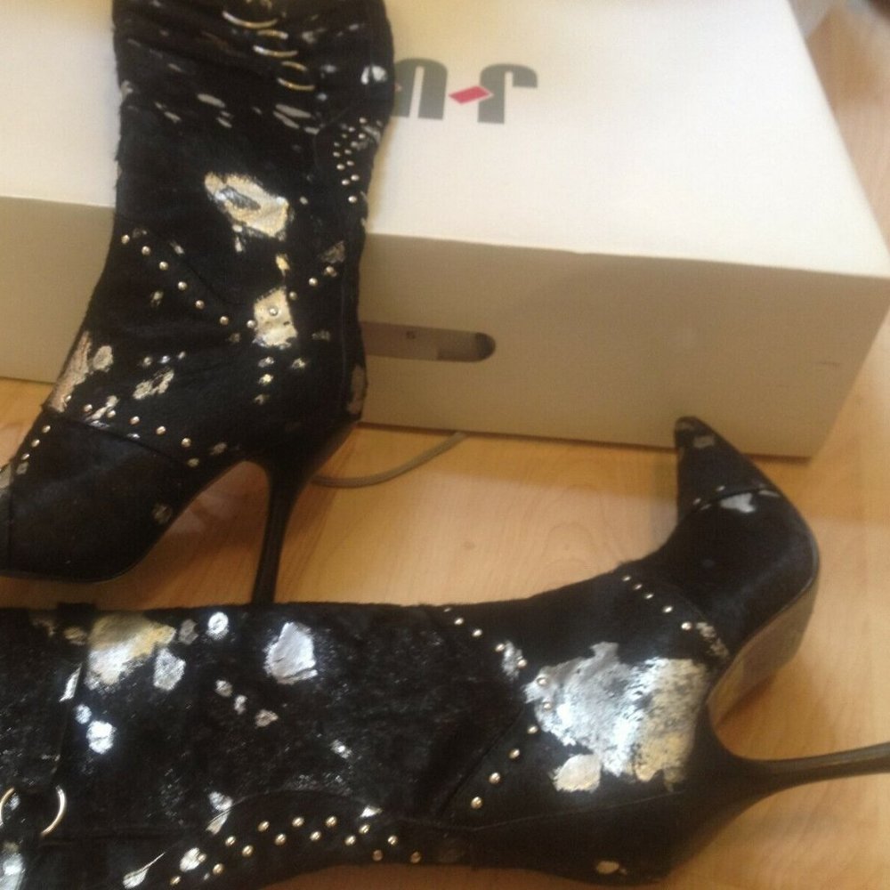 NEW JUNO BRAND BLACK PONY HAIR SILVER BURNOUT DETAIL BOOTS SIZE 5